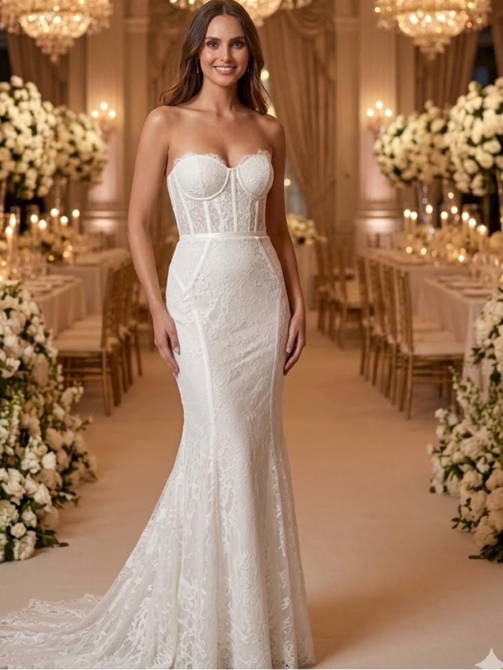 New Imani Lulus Strapless White Sequin Fitted Lace Mermaid Bridal Gown Sz Medium